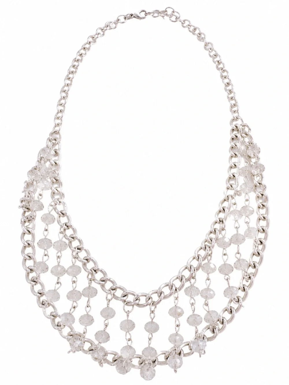 CG Signed Chainmail Silvertone Chain N Clear Crystal Beads Bib Collar Necklace